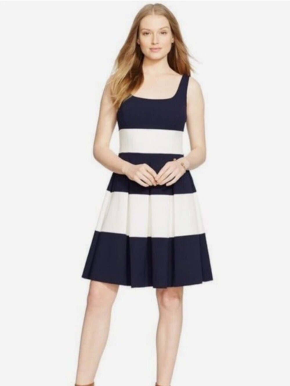 Lauren Ralph Lauren White Navy Blue Striped Sleeveless Pleated Dress Size 10